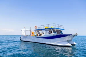 Barco turístico da Discover Tours a navegar em águas do Algarve, preparado para experiências marítimas e passeios costeiros.